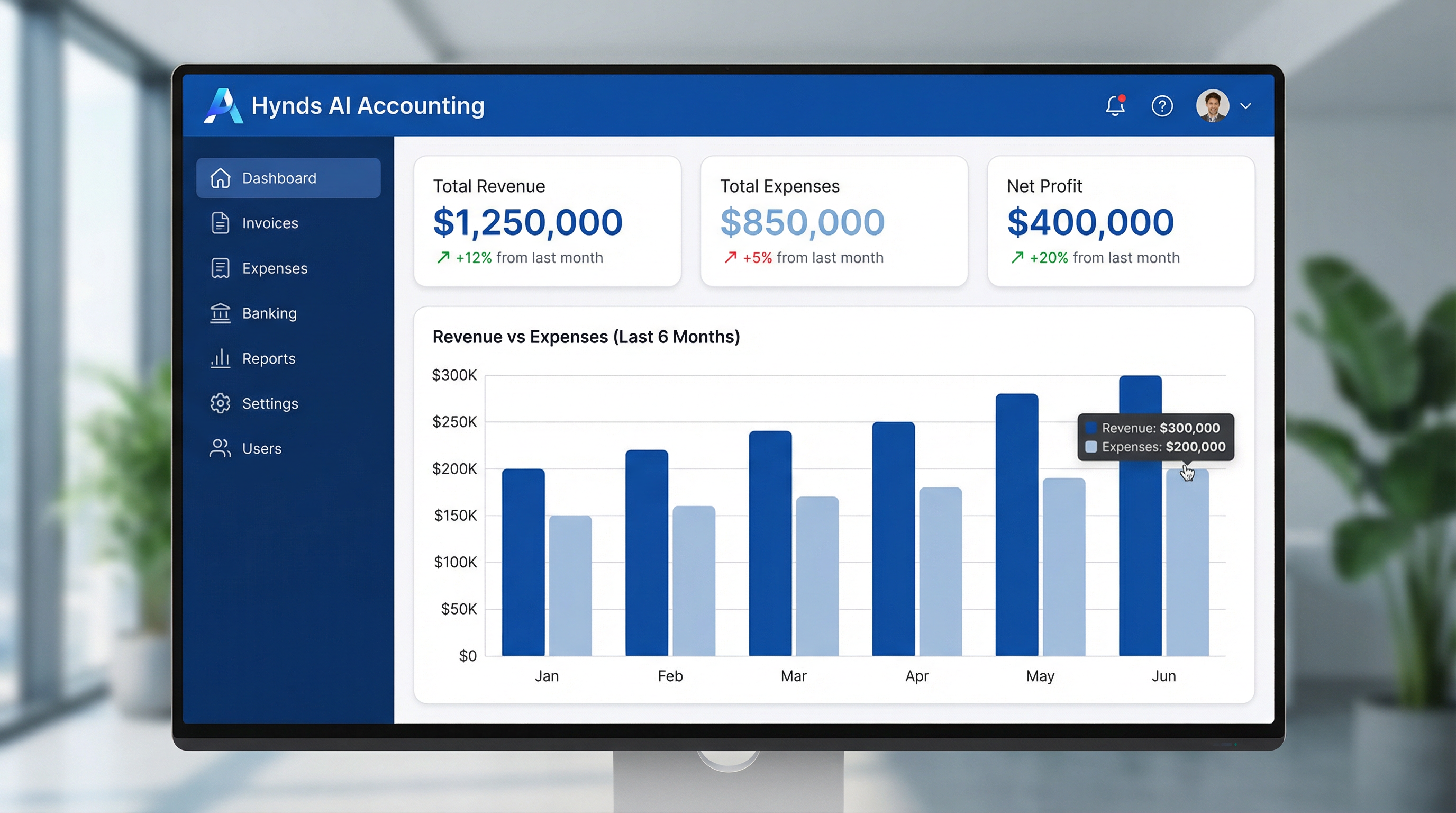 Hynds AI Accounting dashboard showing financial charts and transaction management